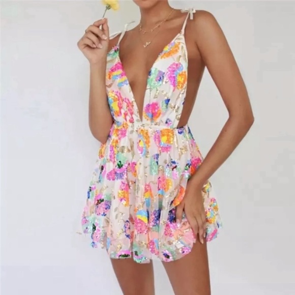 New Embroidered Confetti Pink Backless Evening Dress - Picture 1 of 6